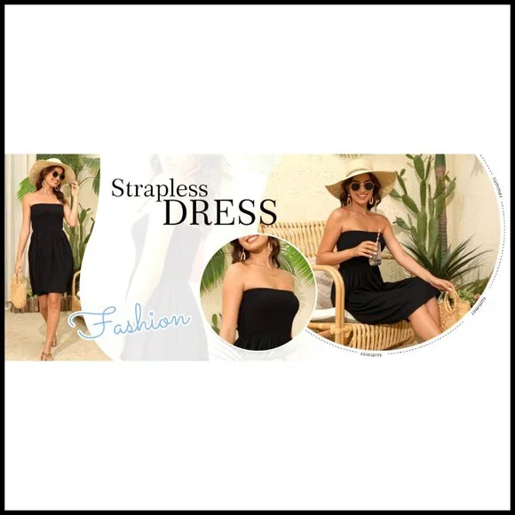 Strapless Tube Top Sundress A-Line Cover Up Beach Casual Dress S-3XL - Picture 7 of 7